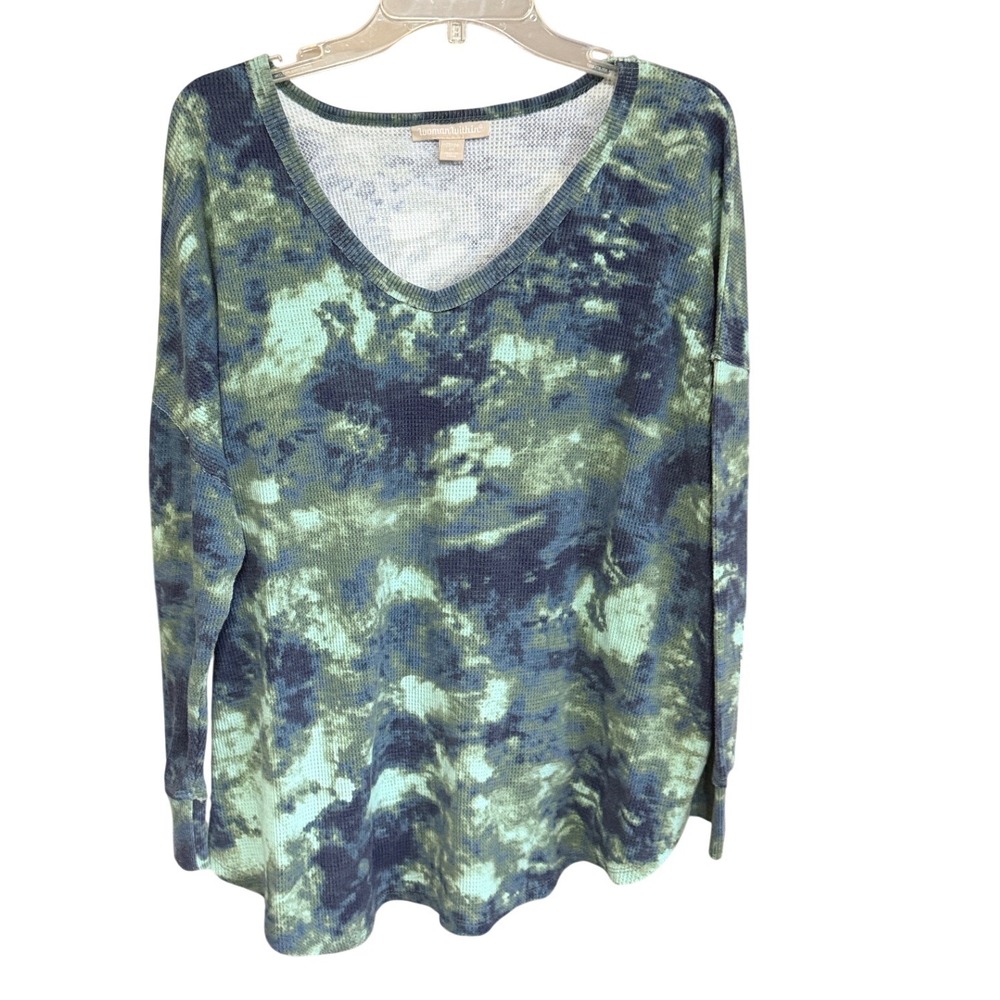 Woman Within Waffle Knit Top Womens 1X 22/24 Blue Green Tie Dye Thermal V-Neck